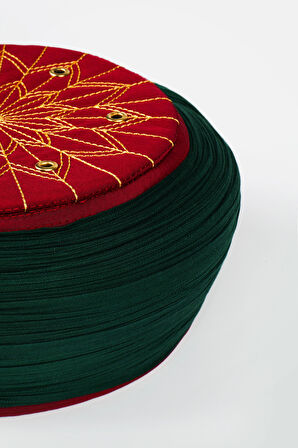 Talebe Sarığı - Yeşil Kumaş - Bordo Takke - Yuvarlak Sarım - Kuş Gözü - 7 metre