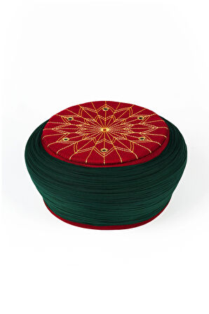 Talebe Sarığı - Yeşil Kumaş - Bordo Takke - Yuvarlak Sarım - Kuş Gözü - 7 metre