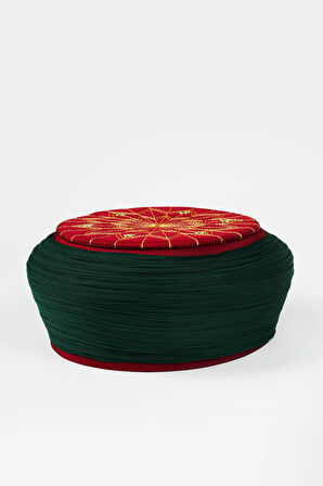 Talebe Sarığı - Yeşil Kumaş - Bordo Takke - Yuvarlak Sarım - Kuş Gözü - 7 metre