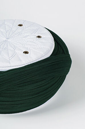 Talebe Sarığı - Yeşil Kumaş - Beyaz Takke - Çapraz Sarım - Kuş Gözü - 7 metre