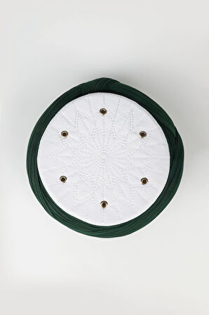 Talebe Sarığı - Yeşil Kumaş - Beyaz Takke - Çapraz Sarım - Kuş Gözü - 7 metre