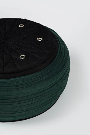 Talebe Sarığı - Yeşil Kumaş - Siyah Takke - Yuvarlak Sarım - Kuş Gözü - 5 metre