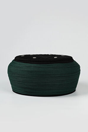 Talebe Sarığı - Yeşil Kumaş - Siyah Takke - Yuvarlak Sarım - Kuş Gözü - 5 metre