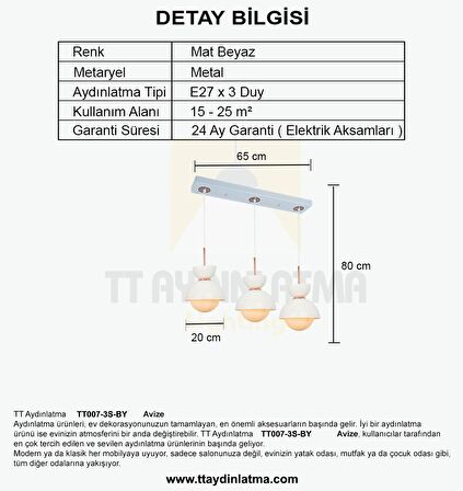TT007-3S BY TT Aydınlatma Mat Beyaz 3 lü Sıralı Lüks Avize