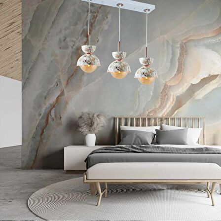 TT007-3S MBY TT Aydınlatma Mermer Desen 3 lü Sıralı Beyaz Lüks Avize