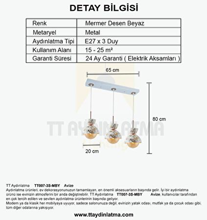 TT007-3S MBY TT Aydınlatma Mermer Desen 3 lü Sıralı Beyaz Lüks Avize
