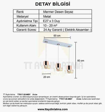 TT017-3S-MBY TT Aydınlatma Mermer Desen 3 lü Sıralı Beyaz Avize