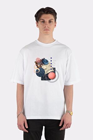 Unisex Beyaz Oversize T-shirt Abstract Art Collage