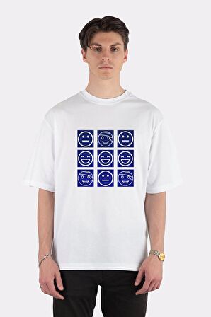 Unisex Beyaz Oversize T-shirt Blue Faces And Feelings