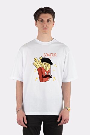 Unisex Beyaz Oversize T-shirt Bonjour French Fries