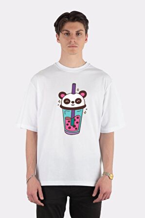 Unisex Beyaz Oversize T-shirt Bubble Milk Tea Boba