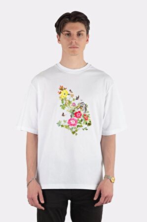 Unisex Beyaz Oversize T-shirt Butterflies In Love With Flowers