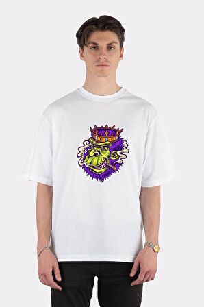 Unisex Beyaz Oversize T-shirt Gorilla Head Smoking Weed