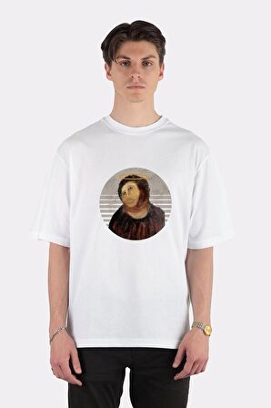 Unisex Beyaz Oversize T-shirt Jesus Fresco Restoration Fail