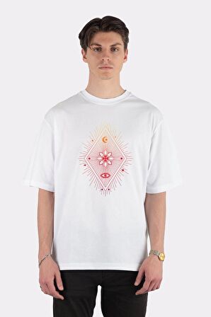 Unisex Beyaz Oversize T-shirt Moon Flower