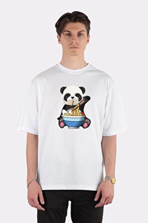 Unisex Beyaz Oversize T-shirt Panda Eating Ramen