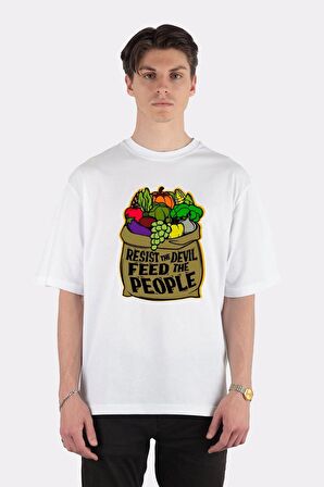 Unisex Beyaz Oversize T-shirt Resist The Devil! Feed The People