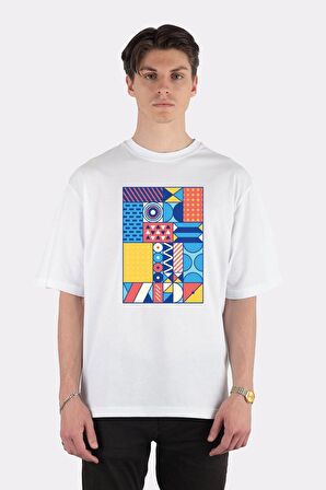 Unisex Beyaz Oversize T-shirt Retro Geometric Vibe