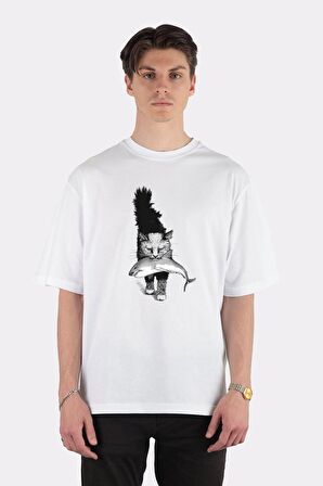 Unisex Beyaz Oversize T-shirt Shark-cat