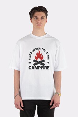 Unisex Beyaz Oversize T-shirt Sleep Under The Stars By The Campfire