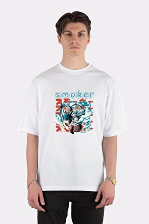 Unisex Beyaz Oversize T-shirt Smoker