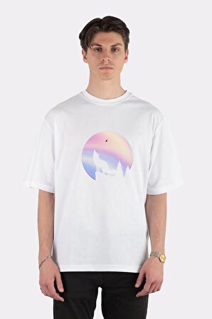 Unisex Beyaz Oversize T-shirt The Wolf Howling At The Full Holographic Holo Moon