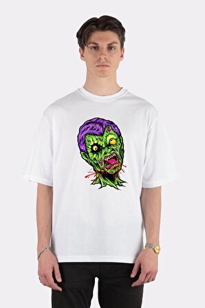 Unisex Beyaz Oversize T-shirt Zombie Head Blood Monster