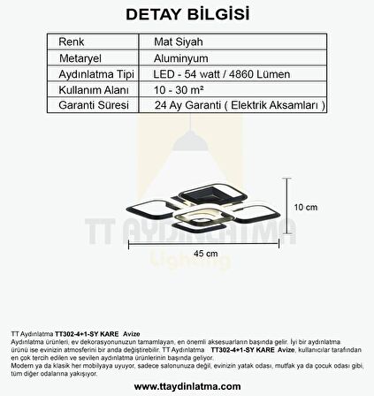 TT302-4+1-SY KARE TT Aydınlatma Mat Siyah Plofonyer 5 li ( Beyaz Işık ) Led Avize