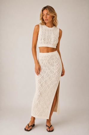 Ajurlu Triko Crop Bluz & Yırtmaçlı Midi Etek Takım