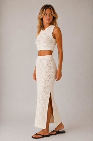 Ajurlu Triko Crop Bluz & Yırtmaçlı Midi Etek Takım