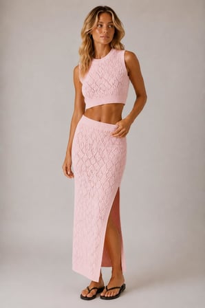 Ajurlu Triko Crop Bluz & Yırtmaçlı Midi Etek Takım