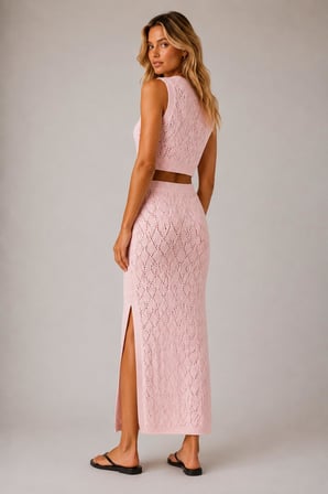 Ajurlu Triko Crop Bluz & Yırtmaçlı Midi Etek Takım