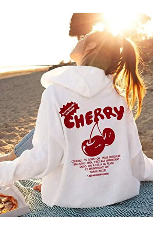 Kız Çocuk Beyaz Kapüşonlu Cherry Baskılı Sweatshirt