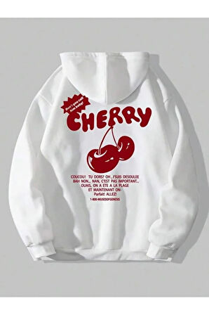 Kız Çocuk Beyaz Kapüşonlu Cherry Baskılı Sweatshirt