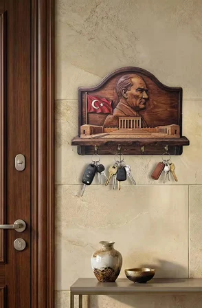 2D Ahşap Anahtar Askılığı Retro Atatürk ve Anıtkabir Temalı Dekoratif Duvar Anahtar Askısı