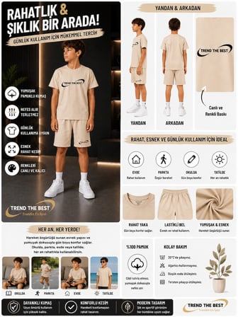 Yazlık Trend The Best Marka Baskılı Erkek Çocuk Şort, T-Shirt Takım