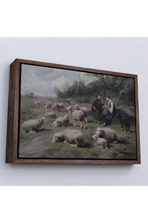 Ahşap Çerçeveli Cornelis Van Leemputten Schaferpaar Mit Herde Tablosu