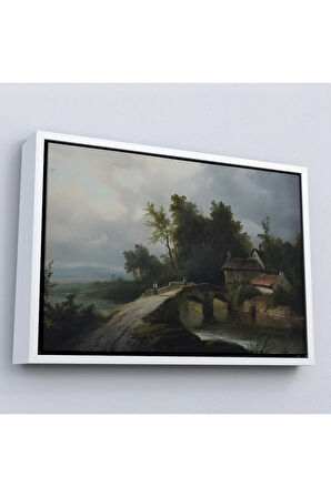 Ahşap Çerçeveli 19. Yüzyılın Başları Köprülü Fransız Köy Okulu Manzara Tablosu-7015