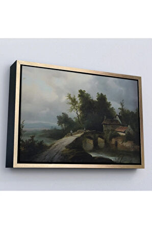 Ahşap Çerçeveli 19. Yüzyılın Başları Köprülü Fransız Köy Okulu Manzara Tablosu-7015