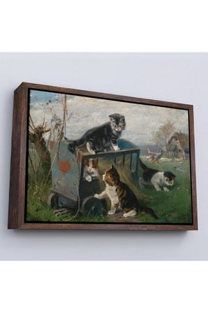 Ahşap Çerçeveli Julius Adam - Çayırda Arabada Oynayan Kedi Yavruları Tablo-7084