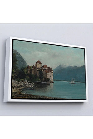 Ahşap Çerçeveli Gustave Courbet - Cenevre Gölü'Ndeki Chillon Kalesi Tablo-7094