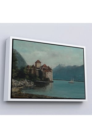 Ahşap Çerçeveli Gustave Courbet - Cenevre Gölü'Ndeki Chillon Kalesi Tablo-7094