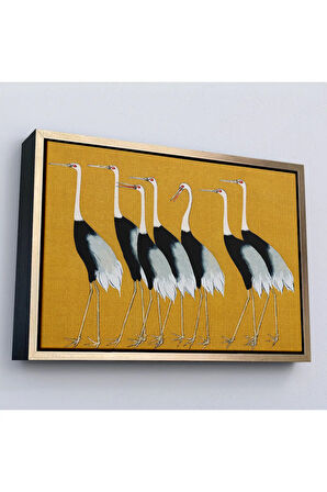 Ahşap Çerçeveli Ogata Korin - Güzel Japon Kırmızı Taçlı Turna Sürüsü Tablo-7106