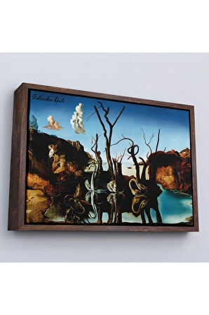 Ahşap Çerçeveli Salvador Dali - Filleri Yansıtan Kuğular Tablo - Swans Reflecting Elephants-7118