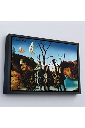Ahşap Çerçeveli Salvador Dali - Filleri Yansıtan Kuğular Tablo - Swans Reflecting Elephants-7118