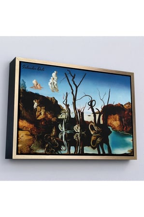 Ahşap Çerçeveli Salvador Dali - Filleri Yansıtan Kuğular Tablo - Swans Reflecting Elephants-7118