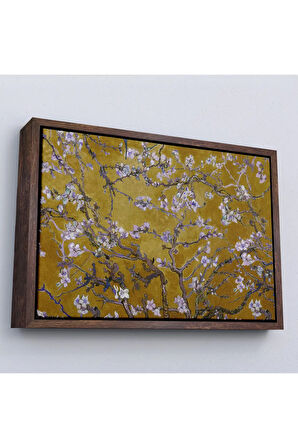 Ahşap Çerçeveli Vincent Van Gogh - Çiçek Açan Badem Ağacı Sarı Tablosu-7176