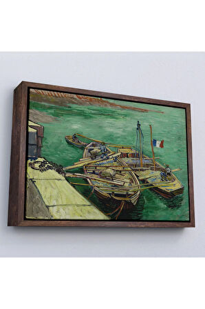 Ahşap Çerçeveli Vincent Van Gogh - Kum Mavnalarını Boşaltan Adamlarla Rıhtım Tablo-7185