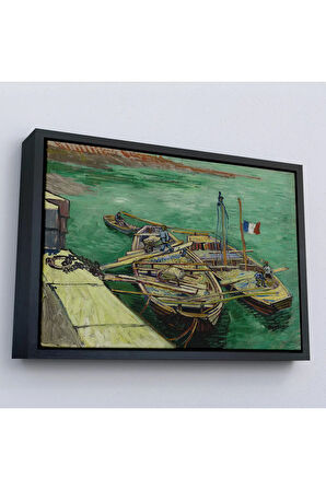 Ahşap Çerçeveli Vincent Van Gogh - Kum Mavnalarını Boşaltan Adamlarla Rıhtım Tablo-7185