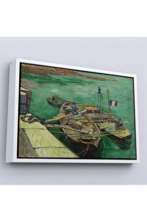 Ahşap Çerçeveli Vincent Van Gogh - Kum Mavnalarını Boşaltan Adamlarla Rıhtım Tablo-7185